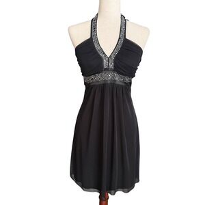 Taboo Black Halter Rhinestone Embellished Mini Dress Vintage Y2K 90s Size S XS